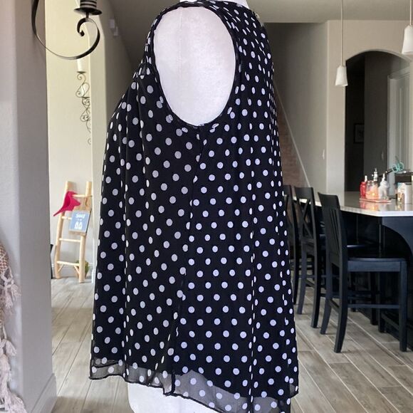 Kim & Cami Sleeveless Black Mock Ruffled Neck White Polka Dots Sheer S - Picture 5 of 12